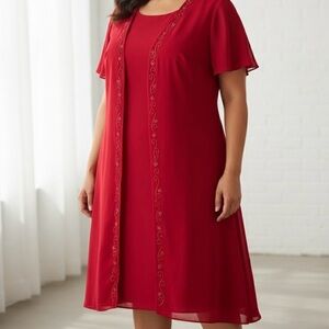 Scarlett Vintage Red Chiffon Sheath Dress Beaded Holiday Party Formal Evening 14